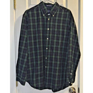 John Ashford Men’s Shirt Navy And Green Plaid Long Sleeve Large 100% Cotton